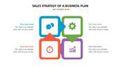 Sales strategy slide with four colorful boxes for text and corresponding icons on a white backdrop.