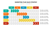 Marketing plan with colored arrows for each phase shown across months from January to May placed in a white background.