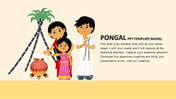 Illustration of a family celebrating Pongal with a decorated pot on fire and sugarcane stalks in the background.