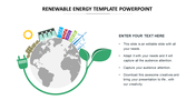 Renewable energy template with a globe surrounded by wind turbines, solar panels, and a green plant symbol.