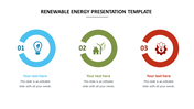 Three circular diagrams in blue, green, and red with icons representing renewable energy concepts and captions below.