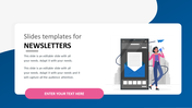 Newsletter slide features a smartphone illustration and a woman sending a newsletter with a megaphone and paper airplane.