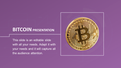 Slide with a gold bitcoin graphic in white outlined square and text on the left, set on a purple background.