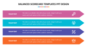 Balanced scorecard PowerPoint template with colorful arrows and icons for different business areas with placeholder text.