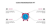 Alarm clock illustration in blue and maroon at the center linked to four numbered directional text boxes.