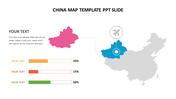 A PowerPoint slide featuring a map of China with regions highlighted, including percentage bars for data representation.