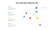 China map slide with curved flight paths from a central hub, each linked to colored airplanes and matching text boxes.