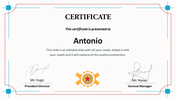 Certificate design with a red and blue border, a gold star badge in the middle, and two signatures at the bottom.