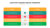 Cause and effect diagram PPT template with two sections, colored in various vibrant hues and icons on a white backdrop.