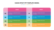 Cause and effect table with four multicolored rows, center arrows, and editable text placeholders on both sides.