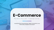 E-commerce PPT with blue gradient theme, shopping visuals, charts, icons, shapes, and clean layouts for business insights.