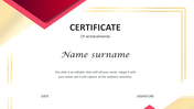 Certificate PPT template with a modern design, featuring space for name, date, and signature with placeholder text.