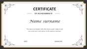 Certificate of Achievement template with space for recipient's name, date, and signature, decorated with border accents.