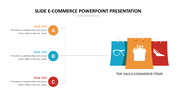 E commerce PowerPoint slide featuring icons of shopping bags with top selling items glasses, gifts, and high heels.