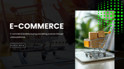 The E-Commerce Presentation with dark background, cart on laptop, green dots, charts, icons, text boxes, clean layout