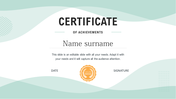 Certificate of achievement slide with placeholders for name, date, and signature, along with a 2025 award badge.