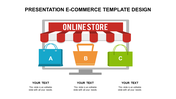 Online store on a monitor with a red awning, featuring three shopping bags in blue, yellow, and green, labeled A to C.
