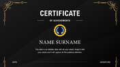 Achievement certificate with dark background, gold details, and placeholder for name and signature.