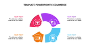 Circular infographic with four colorful segments in red, purple, blue, and orange, each with an e-commerce icon and text box.