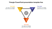 Triangle diagram with three numbered segments in yellow, blue, and orange, connected by gray lines around a globe icon.