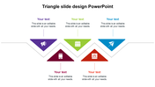 PPT slide with a triangle design featuring colorful sections and icons from sound to paper plane with placeholder text.