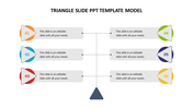 Triangle infographic with three left and three right steps, each numbered and linked to colored icons and gray text boxes.