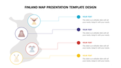 Finland map PPT template with icons of various animals like a moose, walrus, goat, and hare, each with a placeholder text.