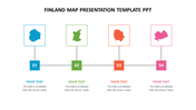 Finland map template showing four different regional silhouettes in colored frames, each linked to numbered text blocks.