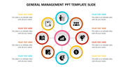 Infographic with a central cloud icon, surrounded by eight nodes representing management concepts in colored circles.
