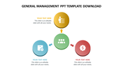 Management slide with green central circle linked to yellow, red, and blue icon by colored arrows and placeholder text areas.