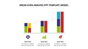 Breakeven bar chart with green, purple, yellow, red, and blue sections, step line overlay, and areas with financial icons.