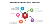 Circular market segmentation template with six colorful segments and icons surrounding a central human figure icon.