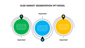 PowerPoint slide featuring three segmented colorful circles with markers for market segmentation, each with placeholder text.