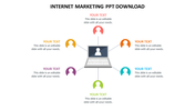 Internet marketing PowerPoint template featuring a central laptop with six colorful icons representing different elements.