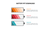 PowerPoint slide with a battery graphic representing different charge levels, with placeholders for text.