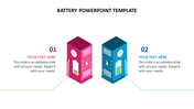 Two isometric battery charging stations, one pink and one blue, labeled 01 and 02 with editable text areas on each side.