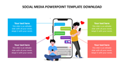 Social media slide with a smartphone displaying message bubbles, one person sitting and another standing.
