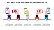 Social media-themed slide with hands holding phones, each displaying a social media platform icon and caption areas.