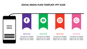 Social media plan slide featuring a smartphone icon labeled social media with four colored flags below with caption areas.