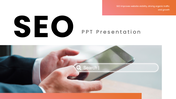 The SEO PPT Presentation with search bar on phone, audit slides, analytics charts, and optimization strategy layout.