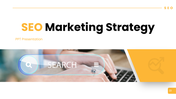 SEO Marketing Strategy PPT Presentation showing search UI, keyword analysis, on-page SEO, audit, and results tracking.