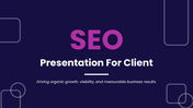 SEO for client presentation with dark theme, charts, strategy layouts, icons and clear text blocks for business growth.