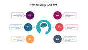 Medical PowerPoint slide with six colored numbered sections for placeholder text on a white backdrop.
