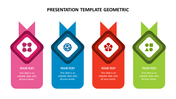 Colorful geometric layout showing four vertical columns with icons in diamond frames and caption text beneath.