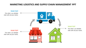 Illustration of marketing logistics and supply chain management showing a truck delivering goods between a store and a house.