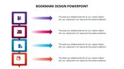 Bookmark PPT slide with arrows in different colors, each linked to an icon representing data, graph, document, and notes.