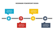 Bookmark layout with icons inside circles along a timeline, connected to editable text boxes in blue, red, yellow, and navy.