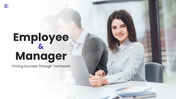Employee And Manager Template PPT with office team images, purple accents, icons, shapes and clean professional layouts.