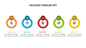 Yield rate process displayed in five colorful circles with numbered icons and caption areas in a white background.