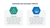 Two hexagonal icons representing limitations and challenges, each with descriptive text below in a white background.